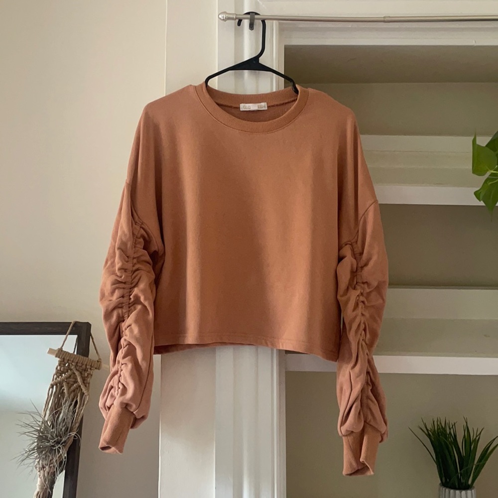 Rouched sleeve cropped crewneck